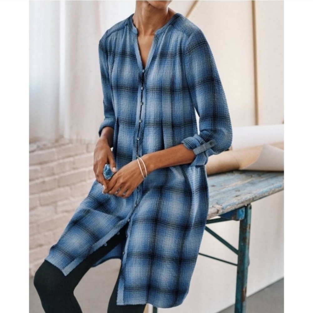 J. Jill Blue & Black Plaid Print Button Front Elliptical Shirt Dress